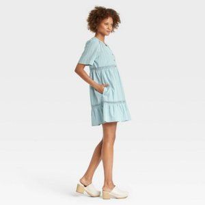 Knox Rose Women Short Sleeve Lattice Detail Dress Light Blue